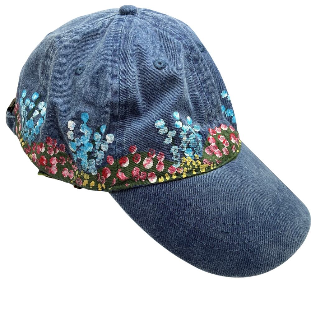 Blue Chambray Hand Painted Floral Baseball Hat OS Gardener Art to Wear OOAK